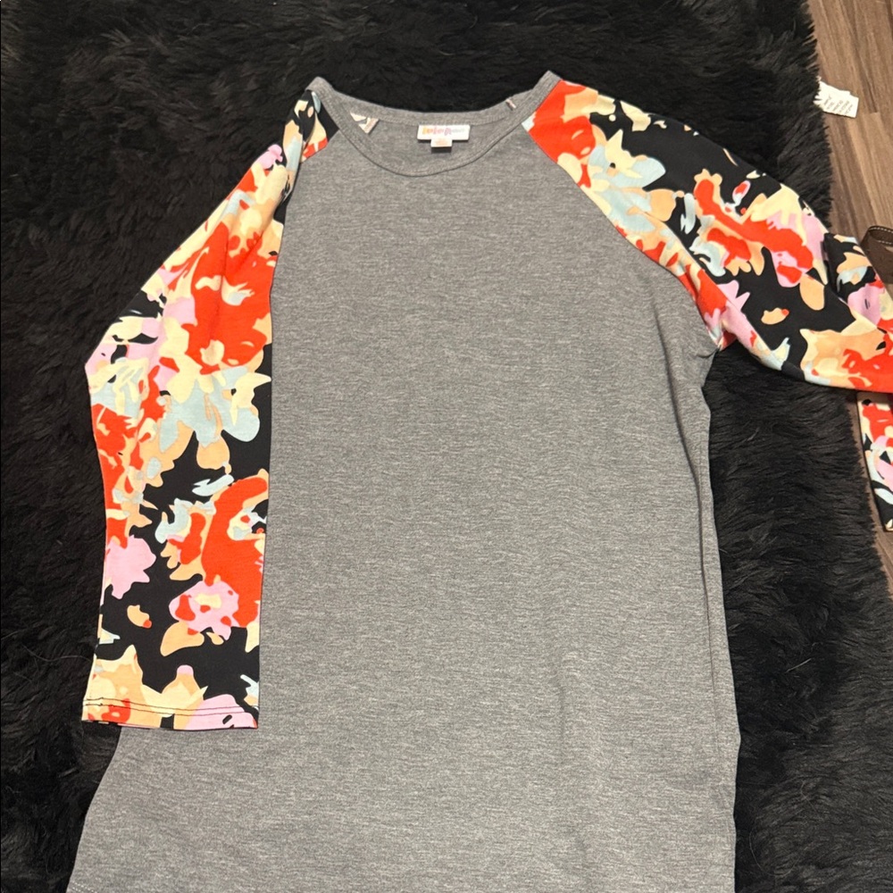 LuLaRoe Gray and Floral Sleeve Women's Top
